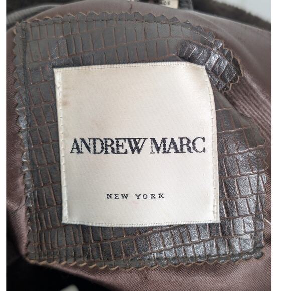 Andrew Marc Croc Embossed Brown Leather Moto Jacket Faux Fur Collar Women’s M - Picture 3 of 11